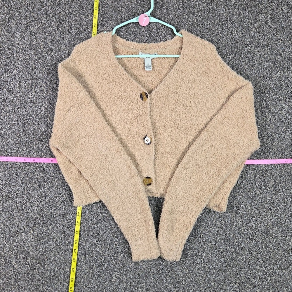 Love Change Italy Cardigan Women M Tan Fuzzy Popcorn Knit Cropped V-Neck Button